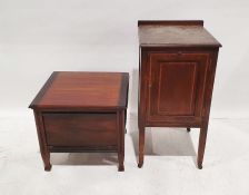 Mahogany and satinwood banded pot cupboard on square section supports to castors and a mahogany