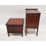 Mahogany and satinwood banded pot cupboard on square section supports to castors and a mahogany