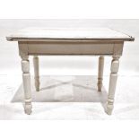 Painted shabby chic-style kitchen table, the plank top with pleated end supports, extending by