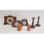Ferranti mantel clock, further mantel clocks, candlesticks, stirrup cups and a tray