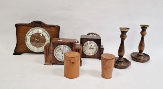 Ferranti mantel clock, further mantel clocks, candlesticks, stirrup cups and a tray