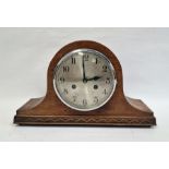 20th century Napoleon's hat shaped oak-cased mantel clock with Arabic numerals to the dial