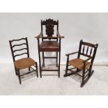 Pair of vintage child's wicker seated chairs and an antique oak child's high chair with foliate