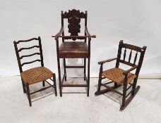 Pair of vintage child's wicker seated chairs and an antique oak child's high chair with foliate