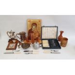 Electroplated miniature hot water pot, mug, small quantity of flatware and treen items to include