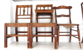 Two vintage hall chairs, a cane-seated chair and a pine stool (4)