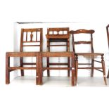 Two vintage hall chairs, a cane-seated chair and a pine stool (4)