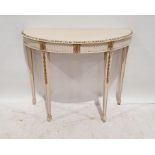 20th century cream painted demi-lune hall table with moulded edge, on moulded tapering supports to