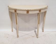 20th century cream painted demi-lune hall table with moulded edge, on moulded tapering supports to