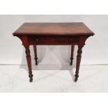 Victorian mahogany side table with single drawer, on ring turned supports and castors, 76cm x 91cm x