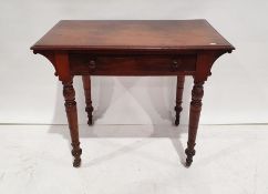 Victorian mahogany side table with single drawer, on ring turned supports and castors, 76cm x 91cm x