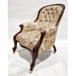 Early Victorian armchair with mahogany frame and yellow button-back upholstery, serpentine front,