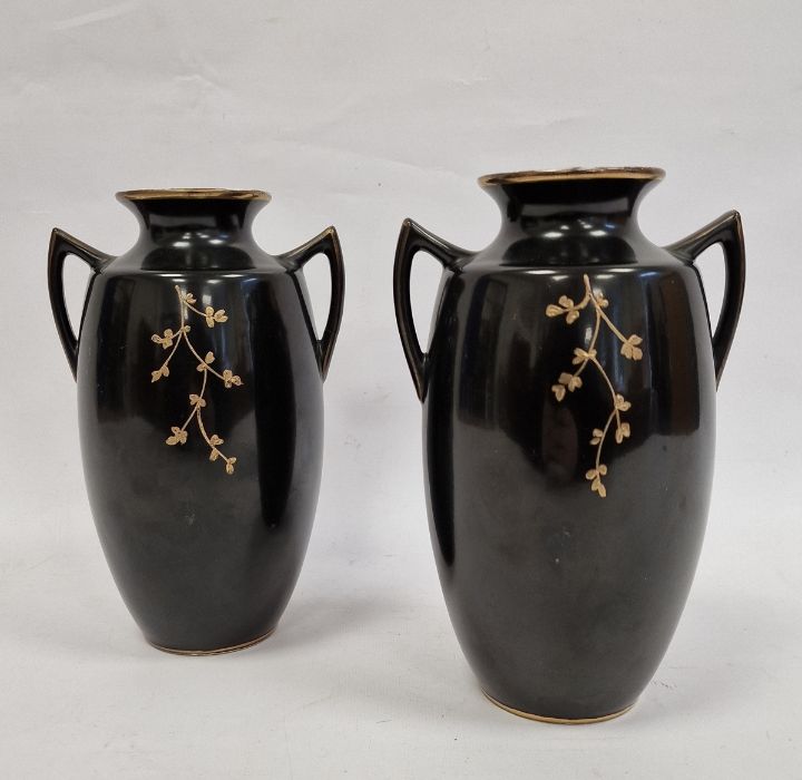 Pair 20th century pottery vases, ovoid and two handled, black ground and decorated with figures in - Image 2 of 4