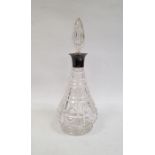 Cut glass baluster-shaped decanter with silver collar and glass stopper
