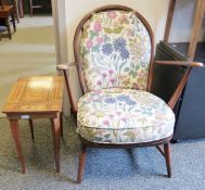 Ercol armchair on turned supports and an inlaid musical sewing table (2)