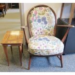 Ercol armchair on turned supports and an inlaid musical sewing table (2)