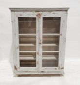 Vintage shabby chic-style glazed cabinet, the moulded cornice above two glazed doors enclosing