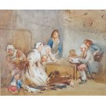 19th century school Watercolour Interior scene, unsigned, 15cm x 18cm  Two car prints (3)