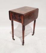 19th century mahogany drop-leaf worktable with single drawer, on turned supports to brass caps and