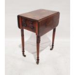 19th century mahogany drop-leaf worktable with single drawer, on turned supports to brass caps and