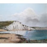 20th century school Pastel and charcoal drawing Coastal scene with white cliffs and figures in