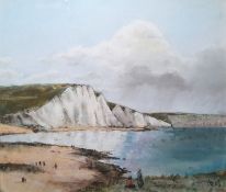 20th century school Pastel and charcoal drawing Coastal scene with white cliffs and figures in