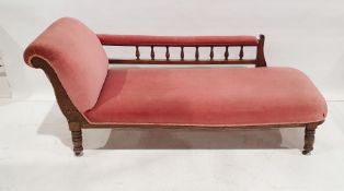 Late Victorian mahogany-framed chaise longue, on turned and ring supports to brown china castors and