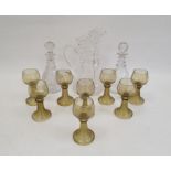 Set of eight Roemer style wine glasses, a cut glass carafe with etched decoration of a stag, 30cm,