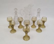 Set of eight Roemer style wine glasses, a cut glass carafe with etched decoration of a stag, 30cm,