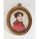 Regency miniature portrait Head and shoulders of Regency lad in red coat 6 x 5 cm