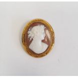 Antique gold-coloured metal cameo brooch, cameo head and shoulders of classical maiden within