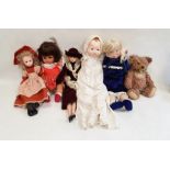 Sasha baby doll in basket '505 Sasha Baby Playsuit Brown Hair' in box and five modern dolls,