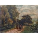 19th century school Oil on canvas Figures on path in landscape, unsigned, 16cm x 21.5cm