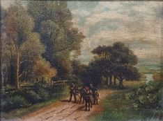 19th century school Oil on canvas Figures on path in landscape, unsigned, 16cm x 21.5cm