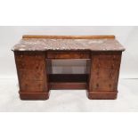 Victorian marble topped desk with breakfront, with red veined marbled top, walnut base of assorted