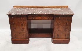 Victorian marble topped desk with breakfront, with red veined marbled top, walnut base of assorted