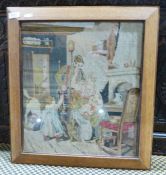 Needlework panel featuring vintage interior scene, in oak frame, 41cm x 37cm
