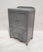 Grey painted cabinet with two cupboard doors above two drawers, 118cm x 76cm x 45cm