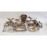Electroplated and other metalwares to include flatware, ice bucket, basket, gravy boat, cruet set,