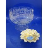 Susan Buchner studio porcelain dish with gold and blue detailing (5cm tall), glass bowl engraved