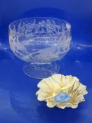 Susan Buchner studio porcelain dish with gold and blue detailing (5cm tall), glass bowl engraved