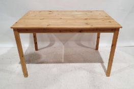 20th century pine table on square section supports, 72.5cm x 110cm x 75cm