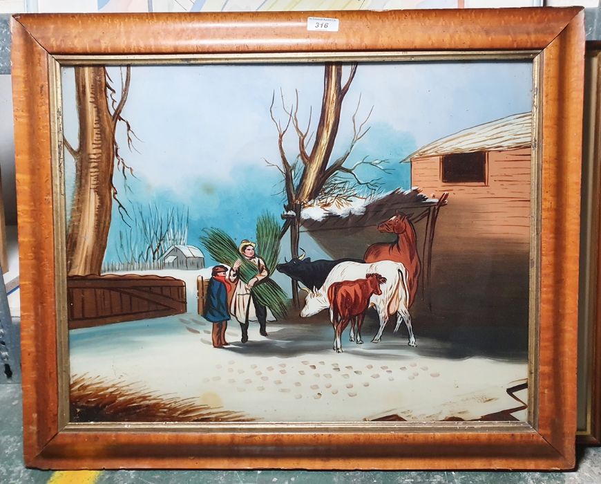 Early 20th century school Reverse painting on glass Farm scene, 41cm x 54cm - Image 2 of 2
