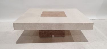 Polished stone square coffee table with two-tone top, on square base, 33cm x 100cm x 100cm