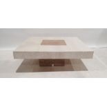 Polished stone square coffee table with two-tone top, on square base, 33cm x 100cm x 100cm