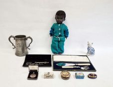 Pedigree plastic doll, a pewter trophy from Christ College Trial Eights (17cm H), patch boxes,