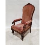 Early 18th century rosewood framed armchair with pink upholstered seat, back and armrests, carved