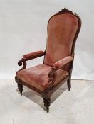 Early 18th century rosewood framed armchair with pink upholstered seat, back and armrests, carved
