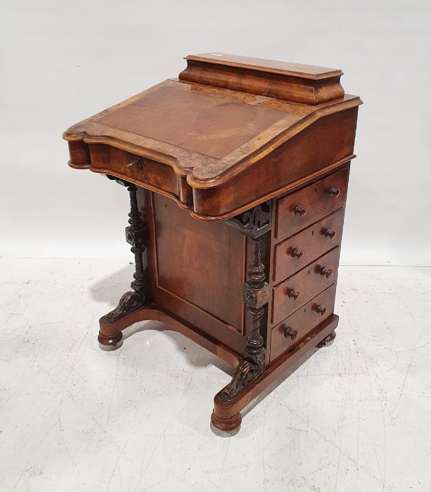 Victorian burr walnut davenport desk with four drawers to the side, 84cm x 53cm x 57cm