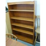 Mid century modern teak open bookcase with adjustable shelves, on plinth base, 147.5cm h x 89.5cm